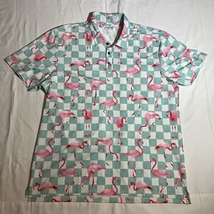 Kenny Flowers Flamingo Checkered Polo Shirt Short Sleeve White Green Everyday XL